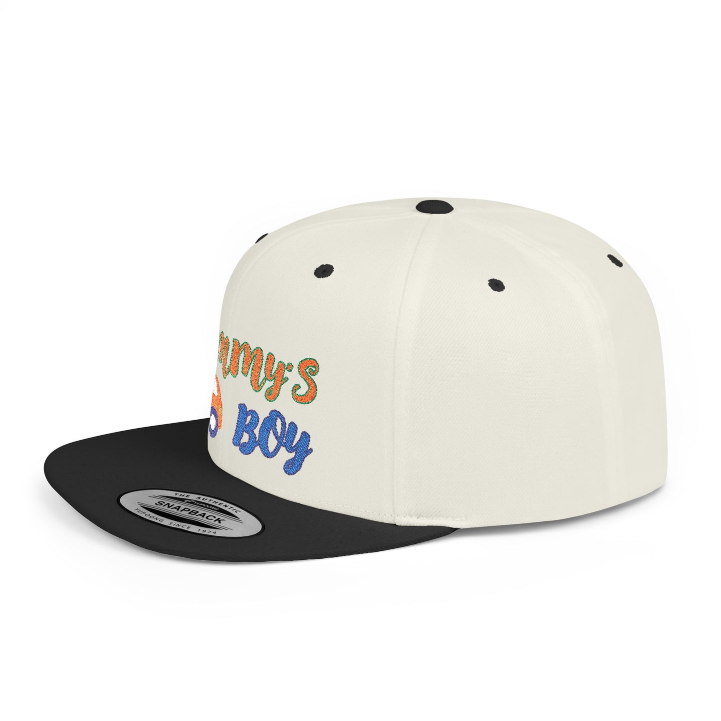 Mommy's Boy Flat Bill Snapback Cap – adjustable, stylish, and perfect for men, teens and even kids. Ideal casual hat or streetwear gift.