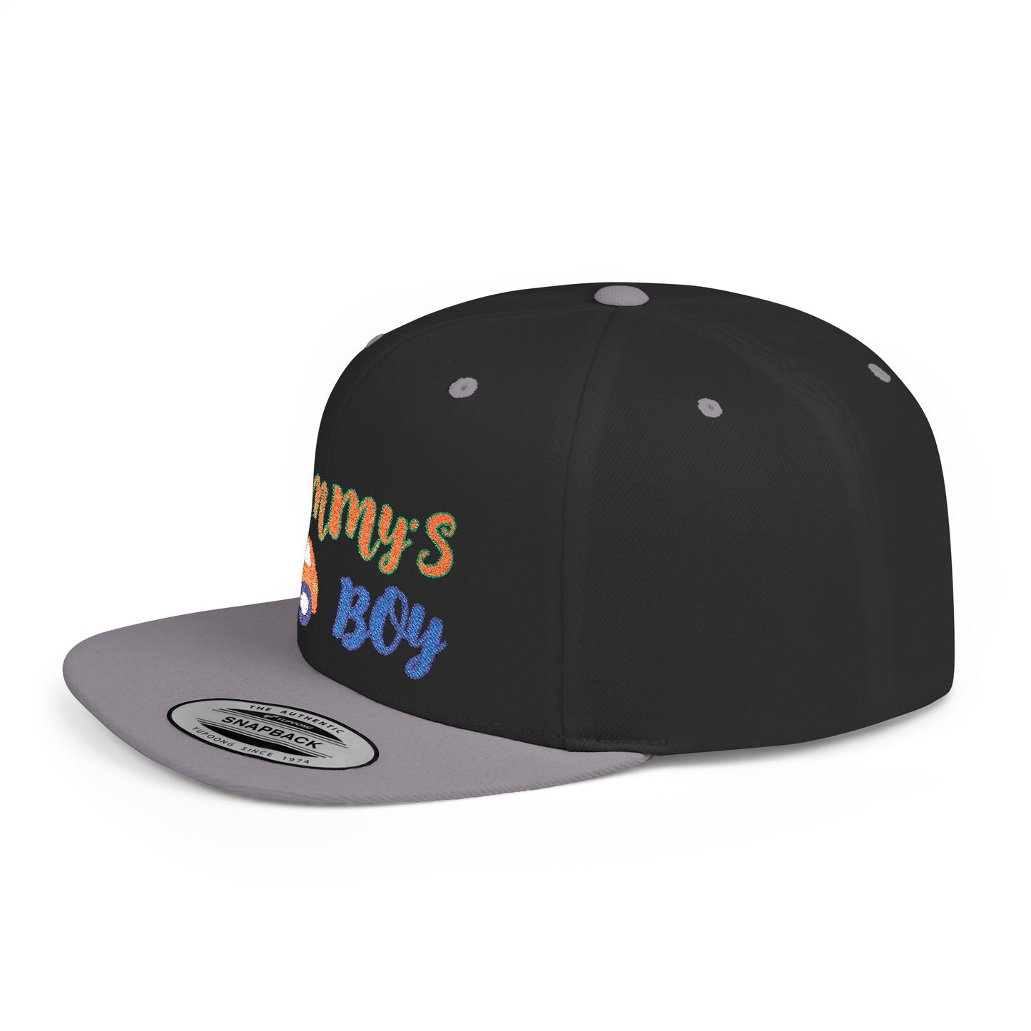 Mommy's Boy Flat Bill Snapback Cap – adjustable, stylish, and perfect for men, teens and even kids. Ideal casual hat or streetwear gift.