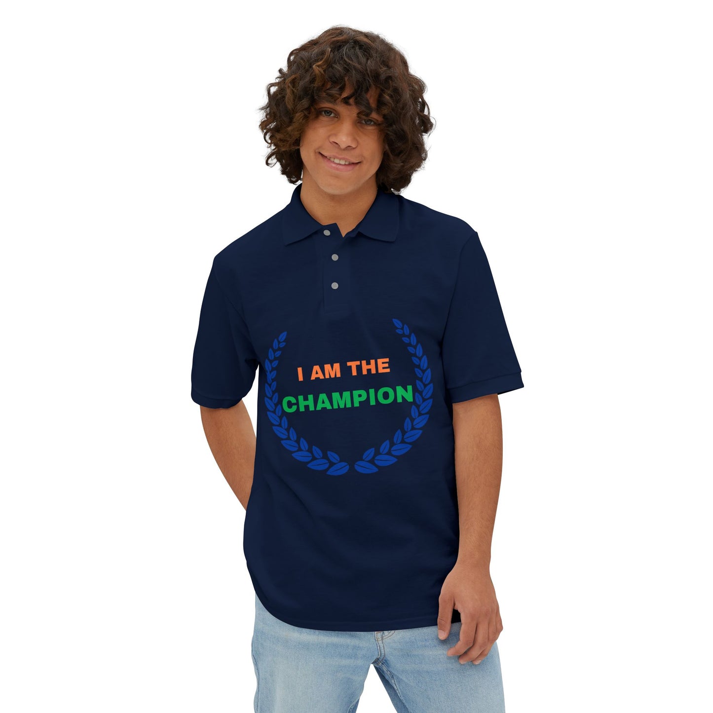 Champion’s statement men’s polo – “I AM THE CHAMPION.” Cotton piqué collared shirt, S–3XL. Perfect for casual wear, Father’s Day gifts, or summer events.