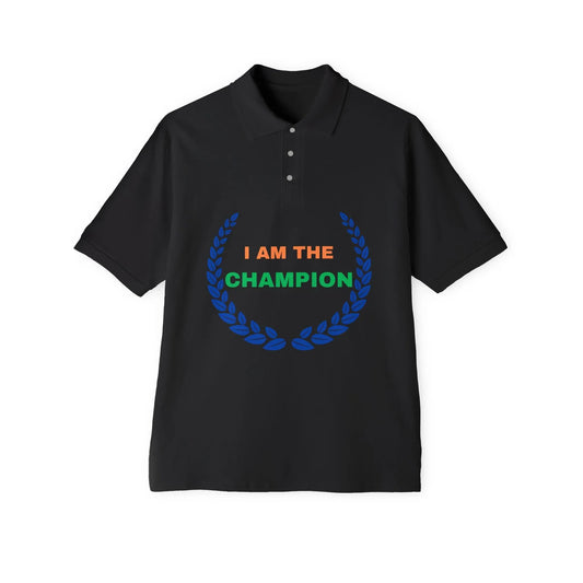 Champion’s statement men’s polo – “I AM THE CHAMPION.” Cotton piqué collared shirt, S–3XL. Perfect for casual wear, Father’s Day gifts, or summer events. - RizQ Life