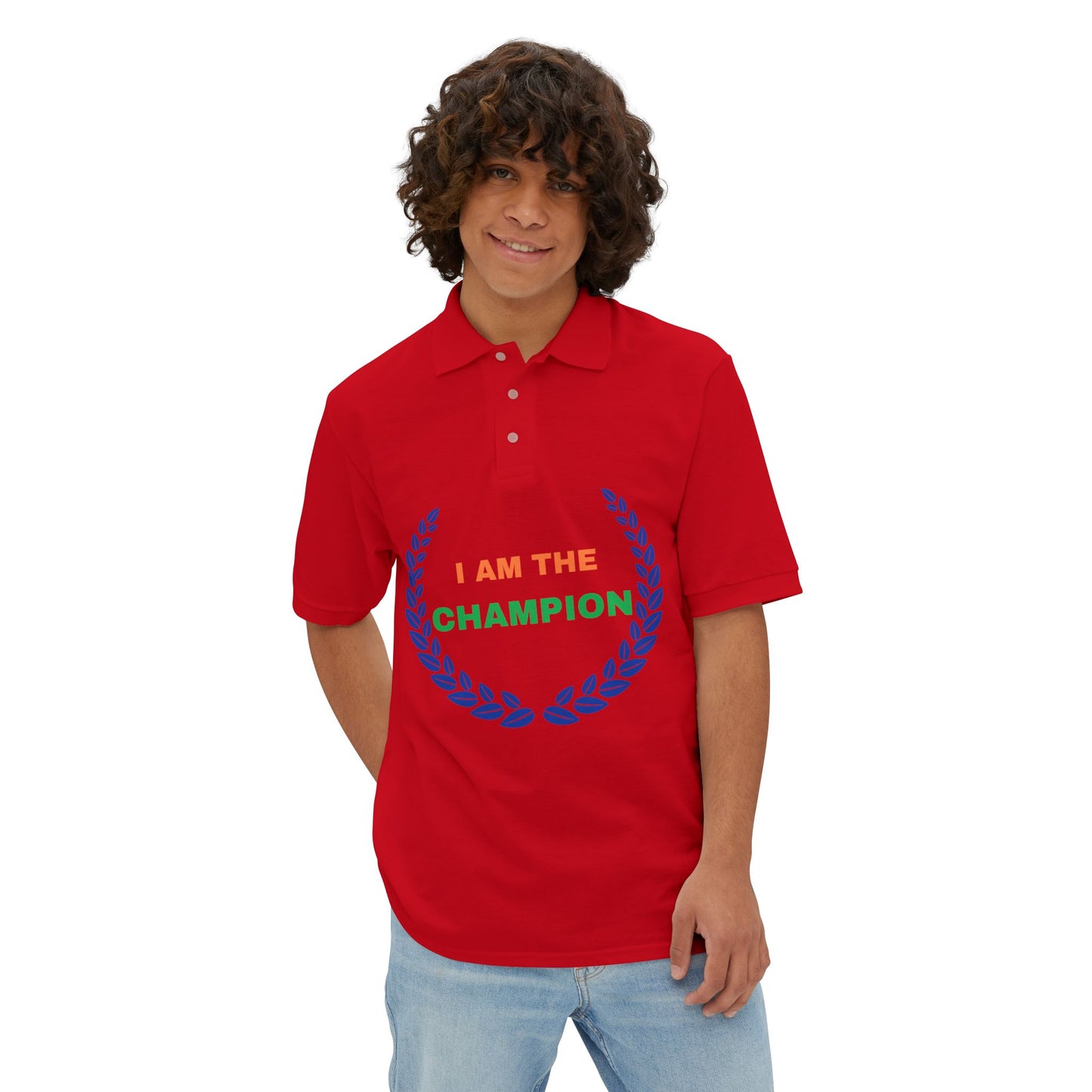 Champion’s statement men’s polo – “I AM THE CHAMPION.” Cotton piqué collared shirt, S–3XL. Perfect for casual wear, Father’s Day gifts, or summer events.