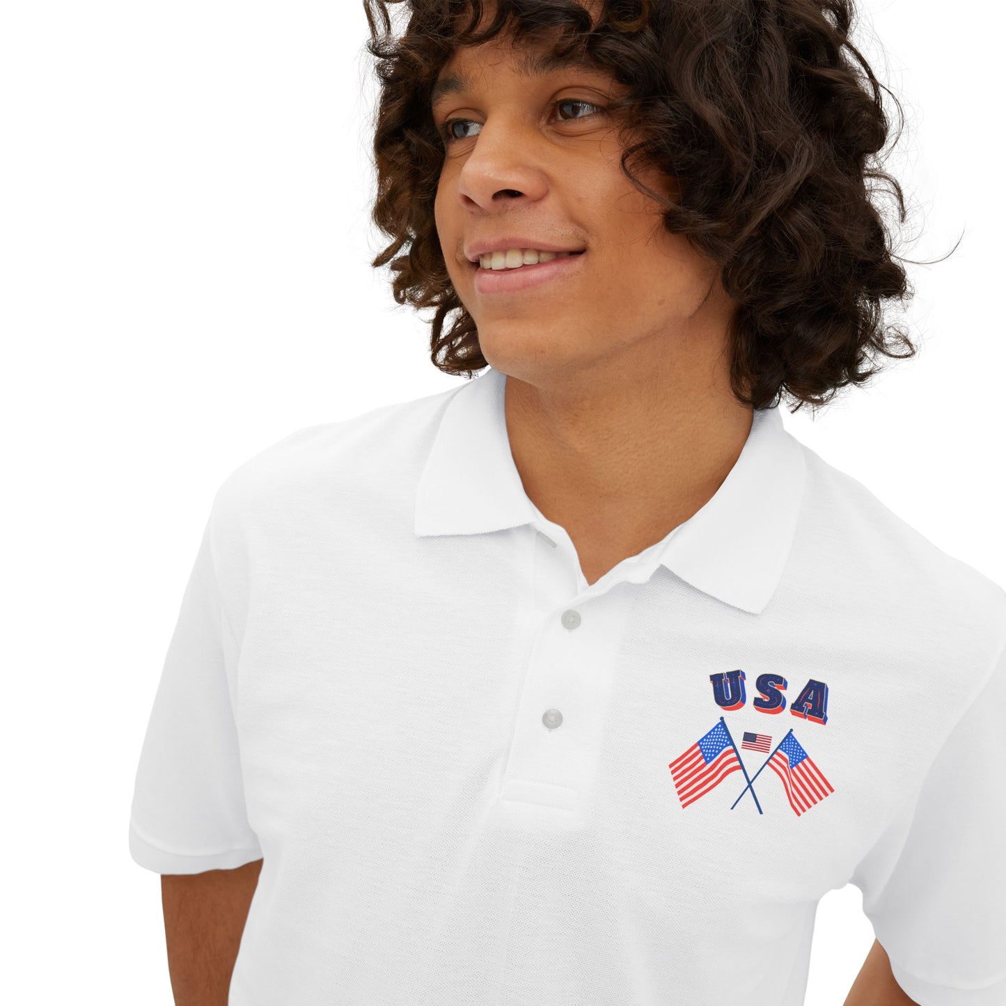 Patriotic men’s polo shirt with USA flag design. Cotton piqué short sleeve collared shirt, S–3XL. Perfect for 4th of July, BBQs, Father’s Day gifts.