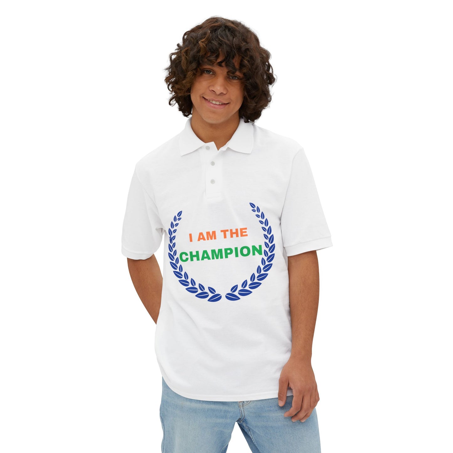 Champion’s statement men’s polo – “I AM THE CHAMPION.” Cotton piqué collared shirt, S–3XL. Perfect for casual wear, Father’s Day gifts, or summer events.