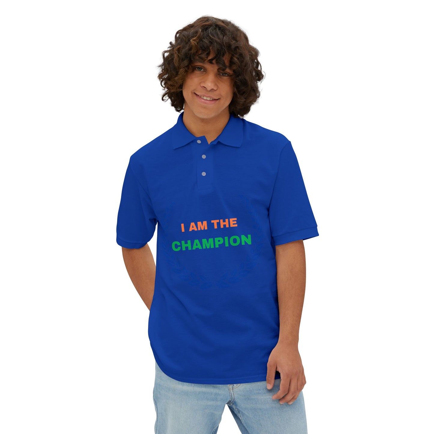 Champion’s statement men’s polo – “I AM THE CHAMPION.” Cotton piqué collared shirt, S–3XL. Perfect for casual wear, Father’s Day gifts, or summer events.