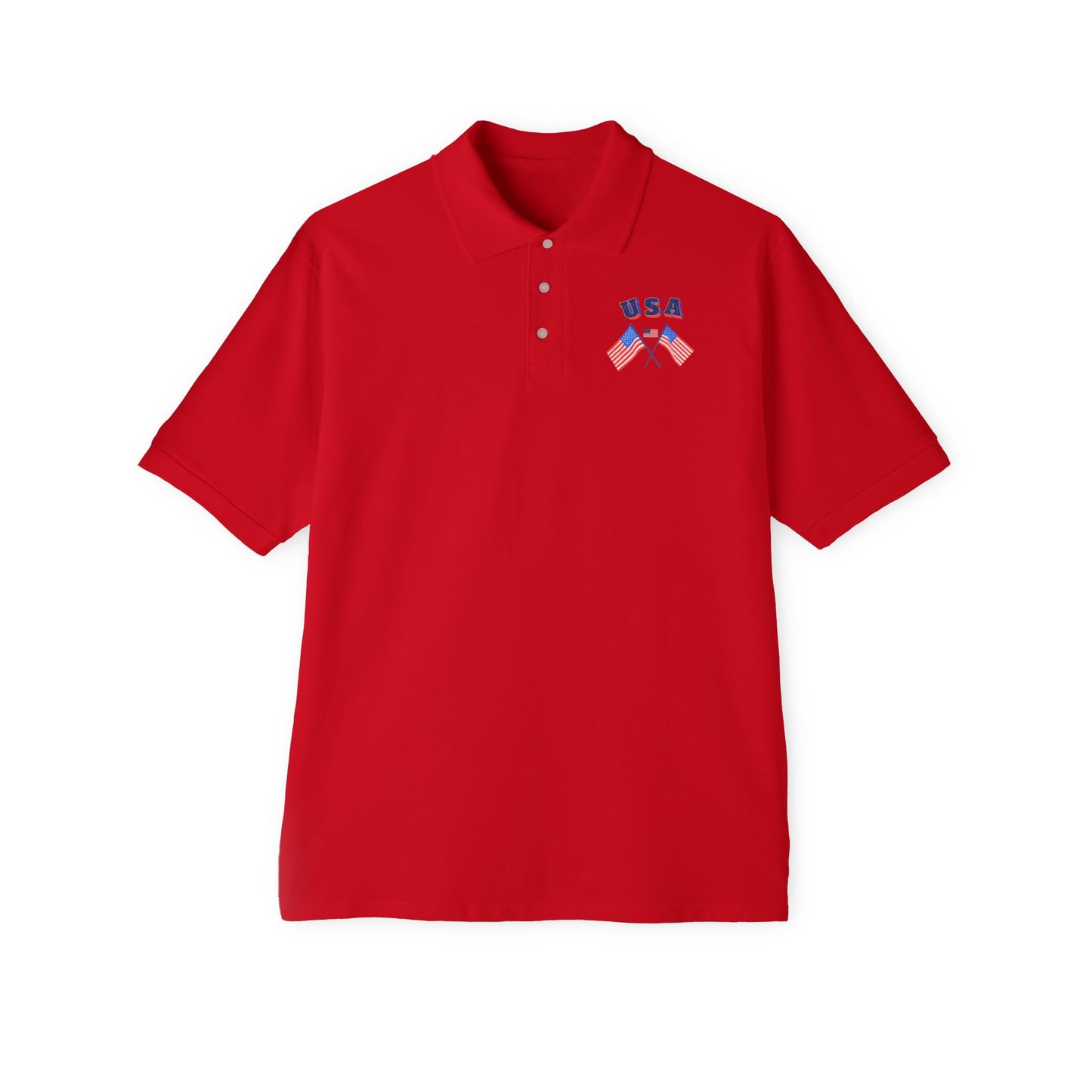Patriotic men’s polo shirt with USA flag design. Cotton piqué short sleeve collared shirt, S–3XL. Perfect for 4th of July, BBQs, Father’s Day gifts.
