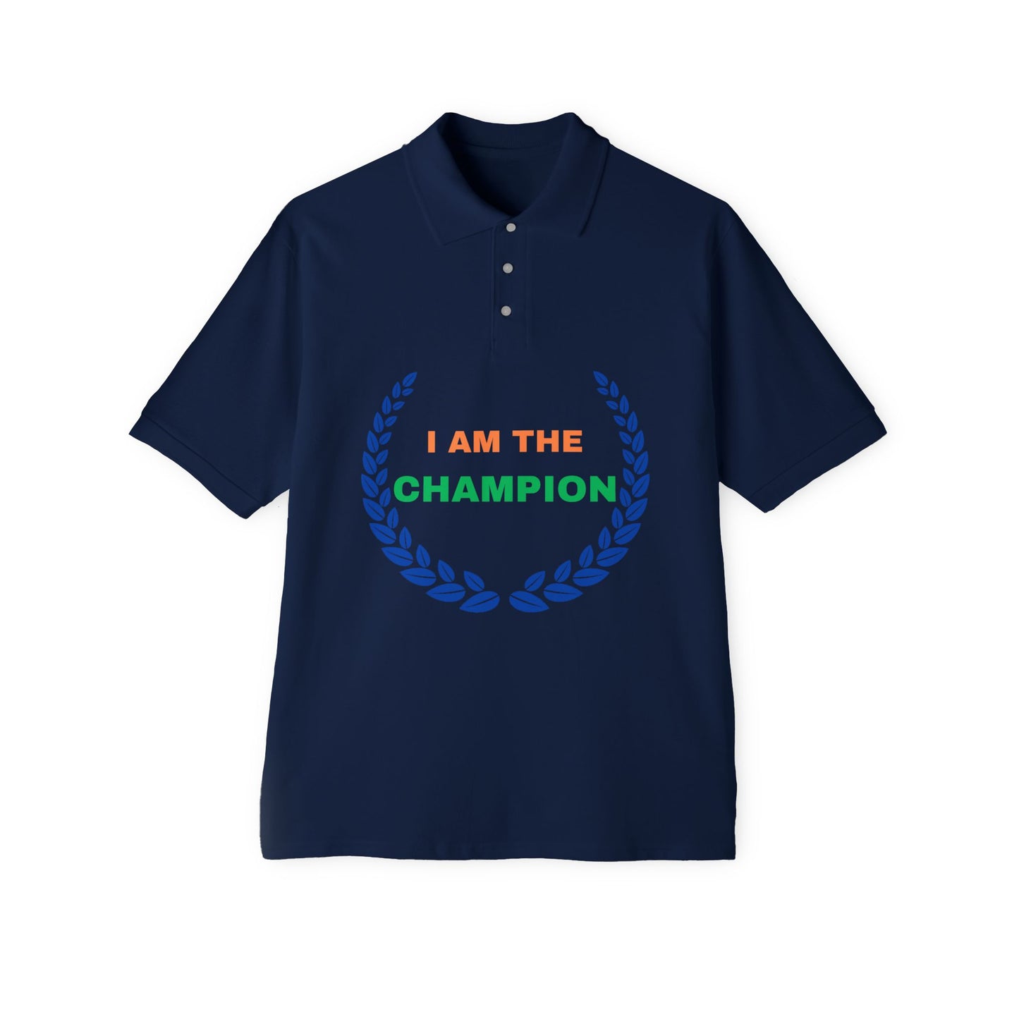Champion’s statement men’s polo – “I AM THE CHAMPION.” Cotton piqué collared shirt, S–3XL. Perfect for casual wear, Father’s Day gifts, or summer events.