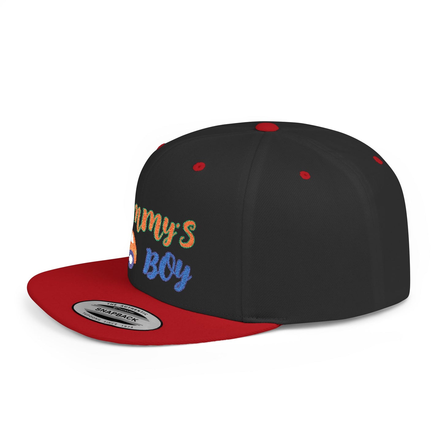Mommy's Boy Flat Bill Snapback Cap – adjustable, stylish, and perfect for men, teens and even kids. Ideal casual hat or streetwear gift.