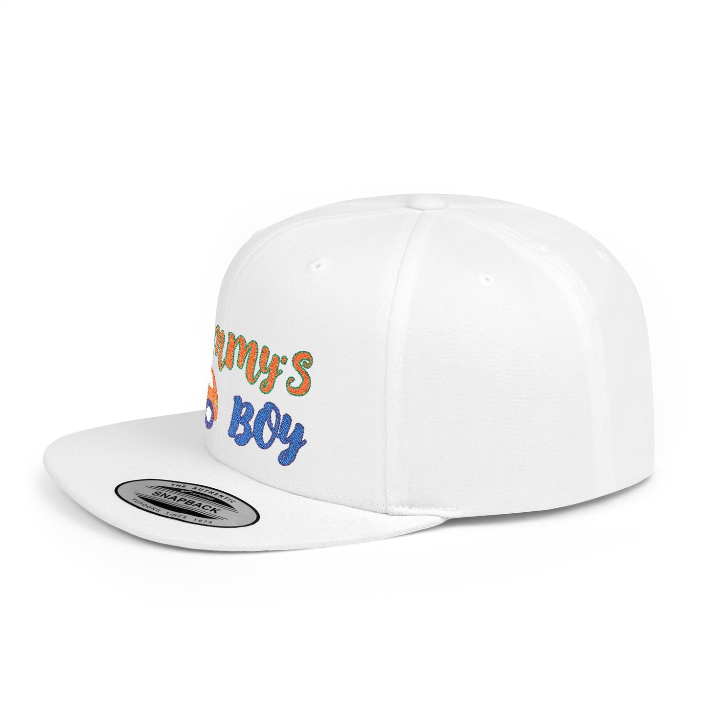 Mommy's Boy Flat Bill Snapback Cap – adjustable, stylish, and perfect for men, teens and even kids. Ideal casual hat or streetwear gift.
