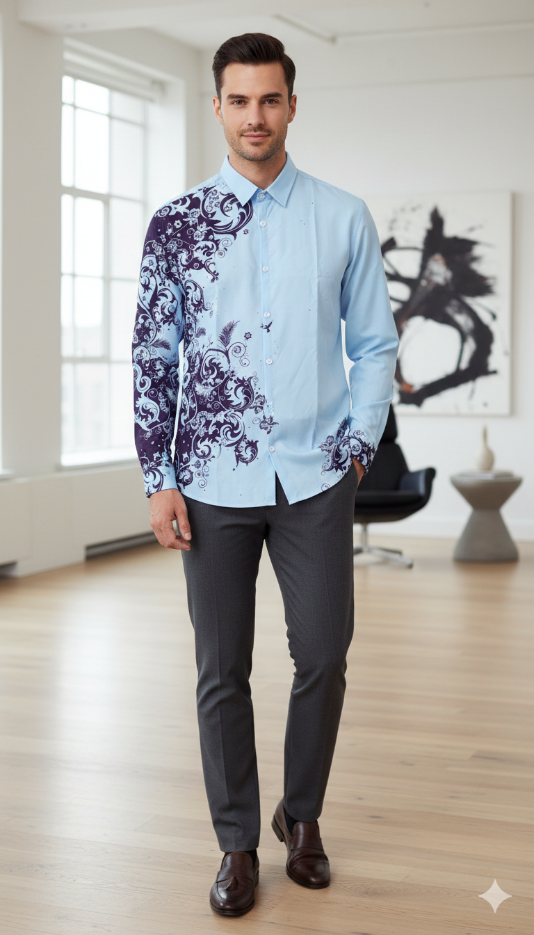 Men’s Light Blue Graphic Button-Down Shirt – Navy Scroll Print