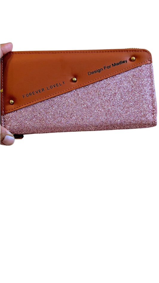 Pink Glitter & Tan Faux Leather Zip-Around Wallet