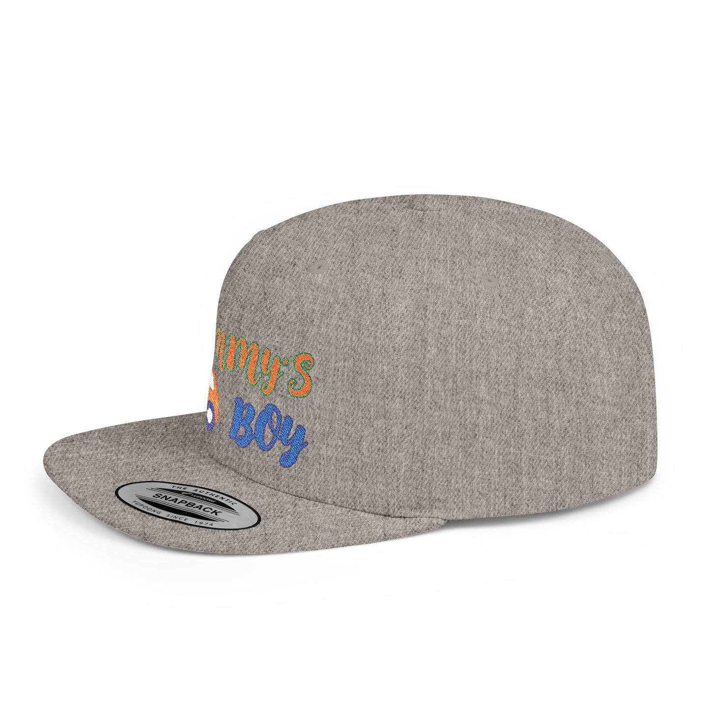 Mommy's Boy Flat Bill Snapback Cap – adjustable, stylish, and perfect for men, teens and even kids. Ideal casual hat or streetwear gift.