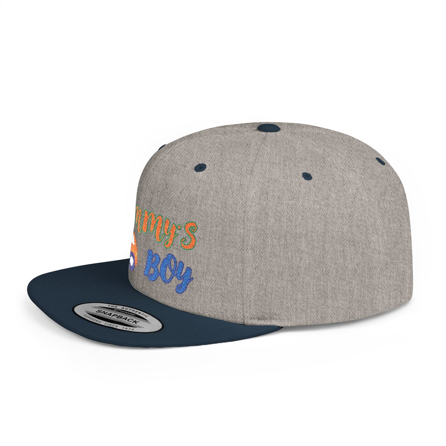 Mommy's Boy Flat Bill Snapback Cap – adjustable, stylish, and perfect for men, teens and even kids. Ideal casual hat or streetwear gift.