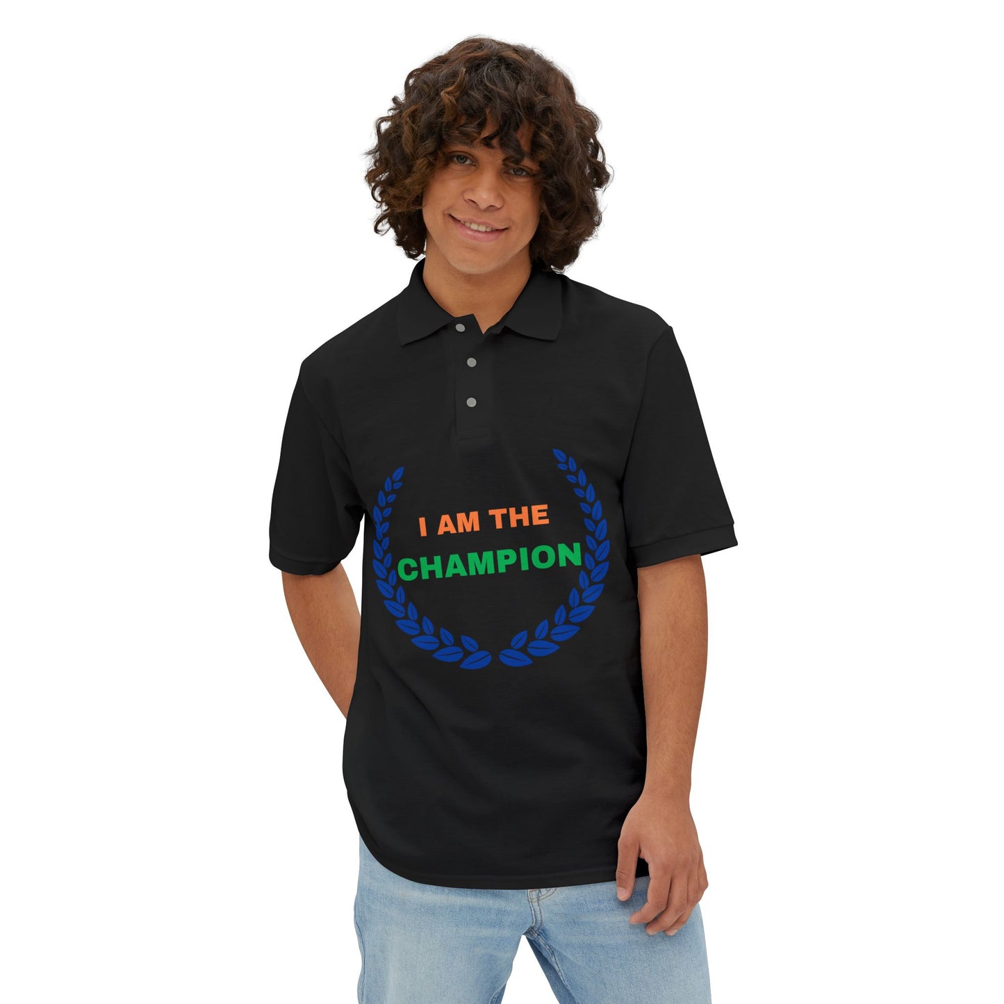 Champion’s statement men’s polo – “I AM THE CHAMPION.” Cotton piqué collared shirt, S–3XL. Perfect for casual wear, Father’s Day gifts, or summer events.