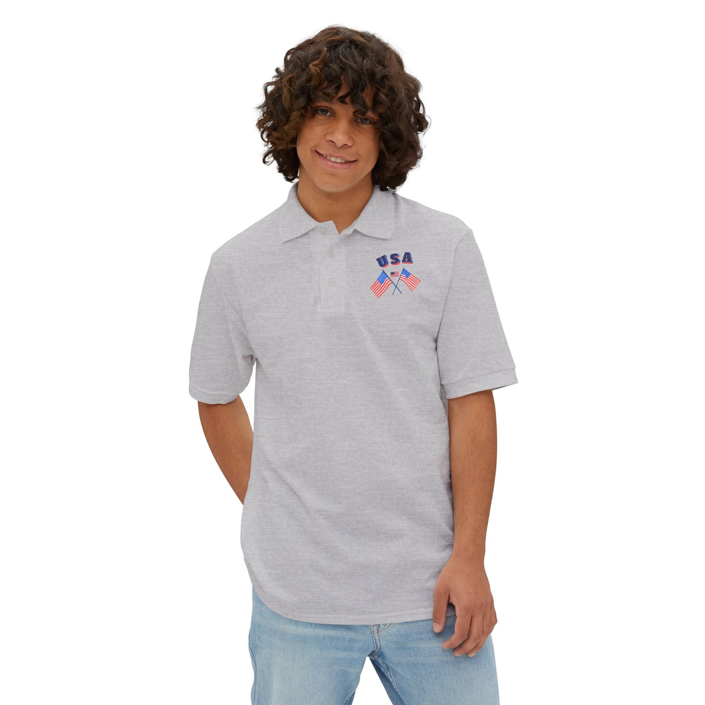 Patriotic men’s polo shirt with USA flag design. Cotton piqué short sleeve collared shirt, S–3XL. Perfect for 4th of July, BBQs, Father’s Day gifts.