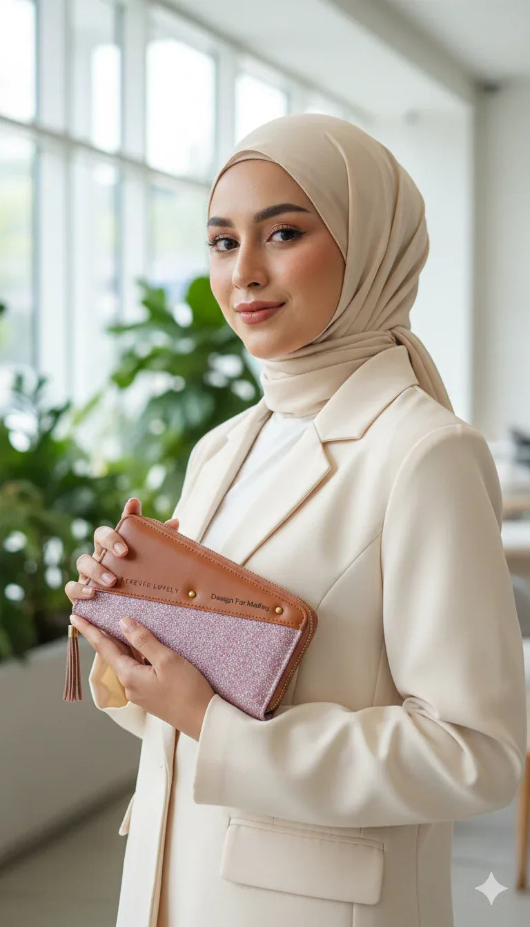 Pink Glitter & Tan Faux Leather Zip-Around Wallet