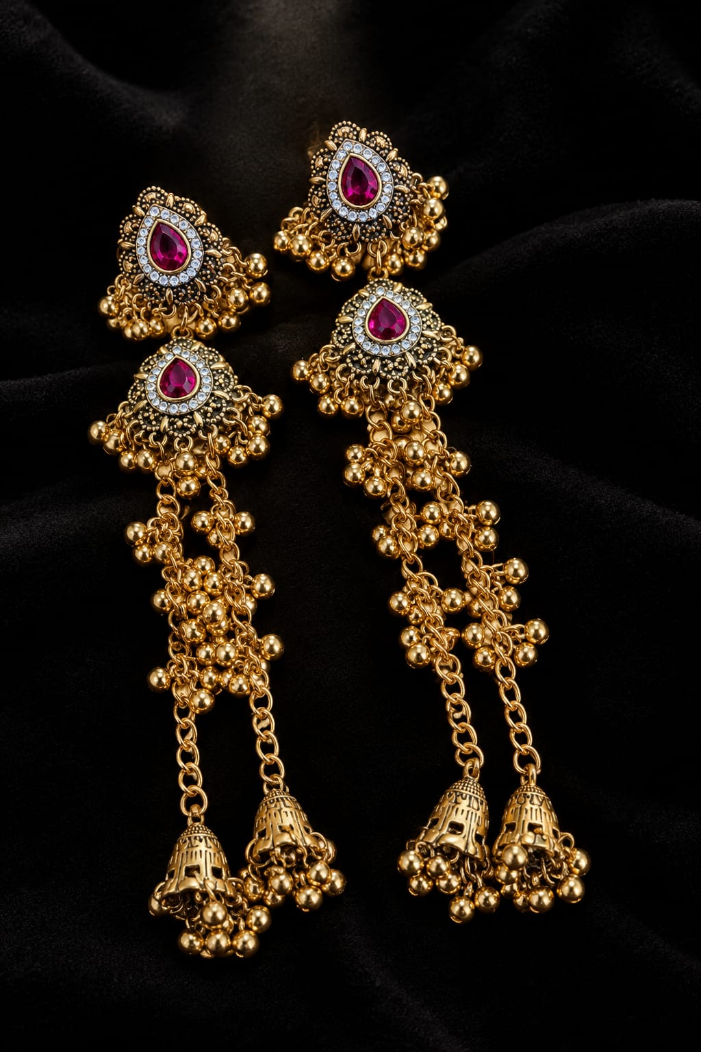 Antique Gold Red Stone Indian Jhumka Earrings