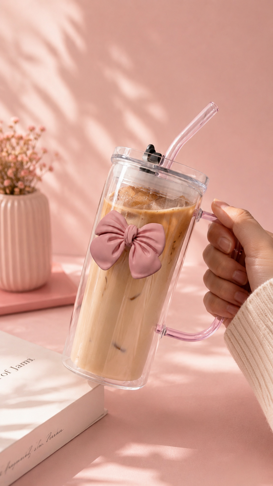 The Coquette Bow All-Glass Tumbler Mug with Glass Straw & Handle