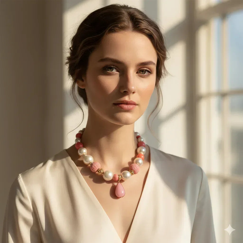 Pink Pearl Bubble Bead Necklace with Crystal Teardrop Pendant – Statement Chunky Fashion Jewelry - RizQ Life