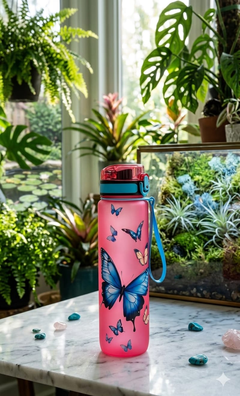 Frosted Pink Butterfly Water Bottle - Leak-Proof, BPA-Free Sport Bottle with Carrying Strap