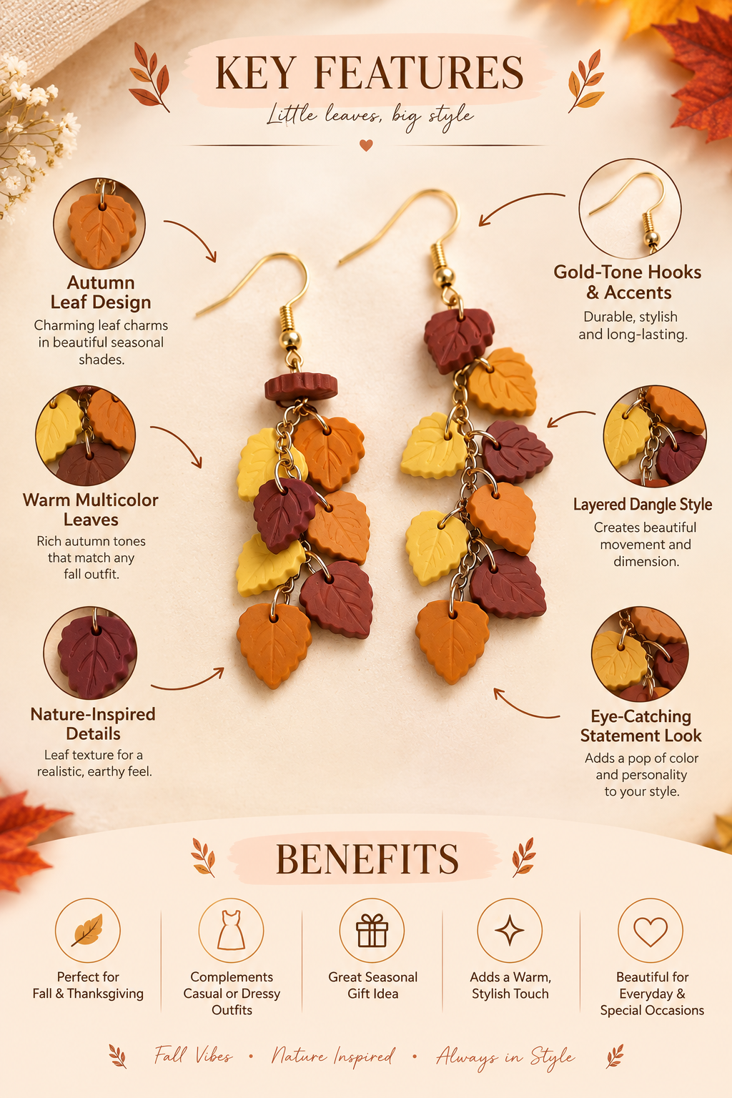 Handcrafted Autumn Leaf Dangle Earrings for Women – Colorful Fall Statement Jewelry