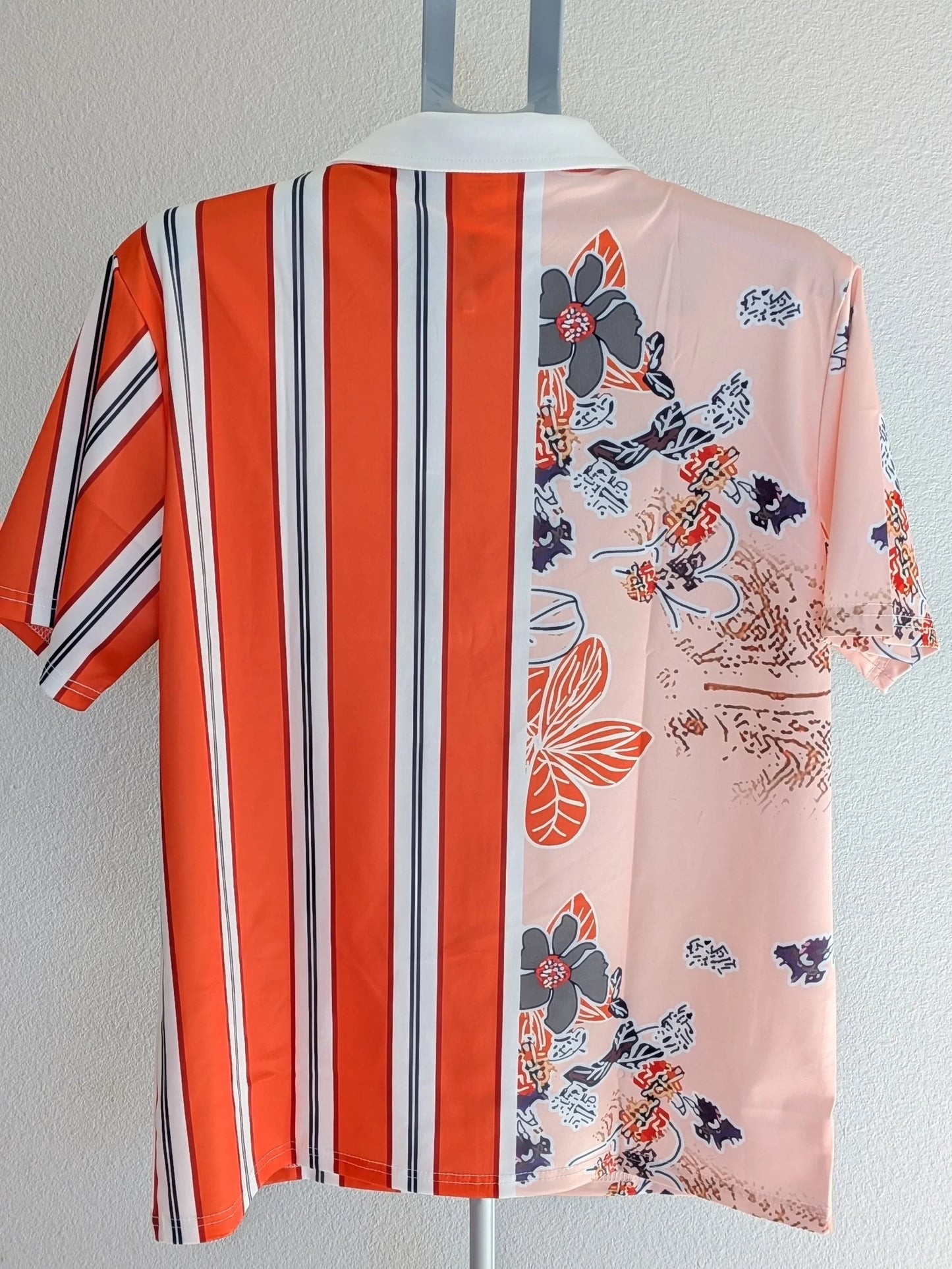 Stylish orange Floral shirt, Orange Floral & Stripe Print Short Sleeve shirt - Urban Sophisticate, Casual Polyester, Zip Detail, Machine Washable, Perfect For Spring/Fall - RizQ Life