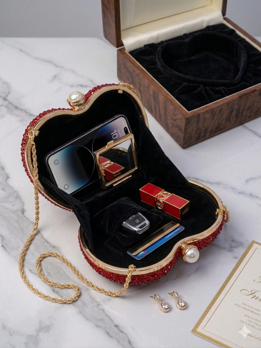 Sparkly Heart-Shaped Crystal Clutch – Red Rhinestone Evening Bag with Gold Chain