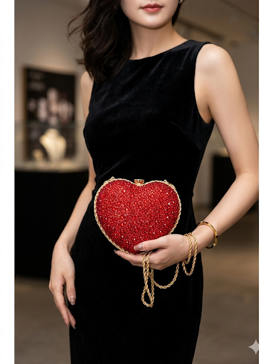 Sparkly Heart-Shaped Crystal Clutch – Red Rhinestone Evening Bag with Gold Chain