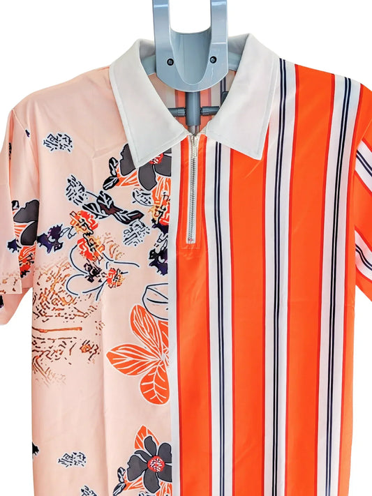 Stylish orange Floral shirt, Orange Floral & Stripe Print Short Sleeve shirt - Urban Sophisticate, Casual Polyester, Zip Detail, Machine Washable, Perfect For Spring/Fall - RizQ Life