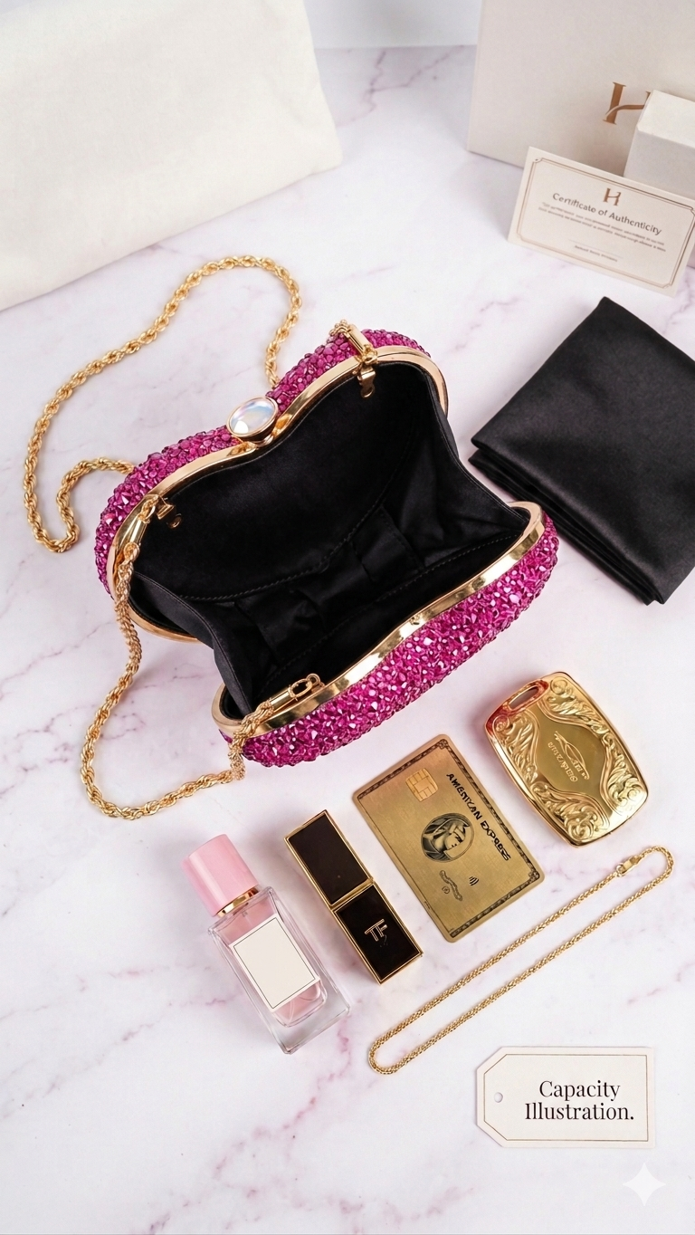 Sparkly Heart-Shaped Crystal Clutch – Hot Pink Rhinestone Evening Bag with Gold Chain
