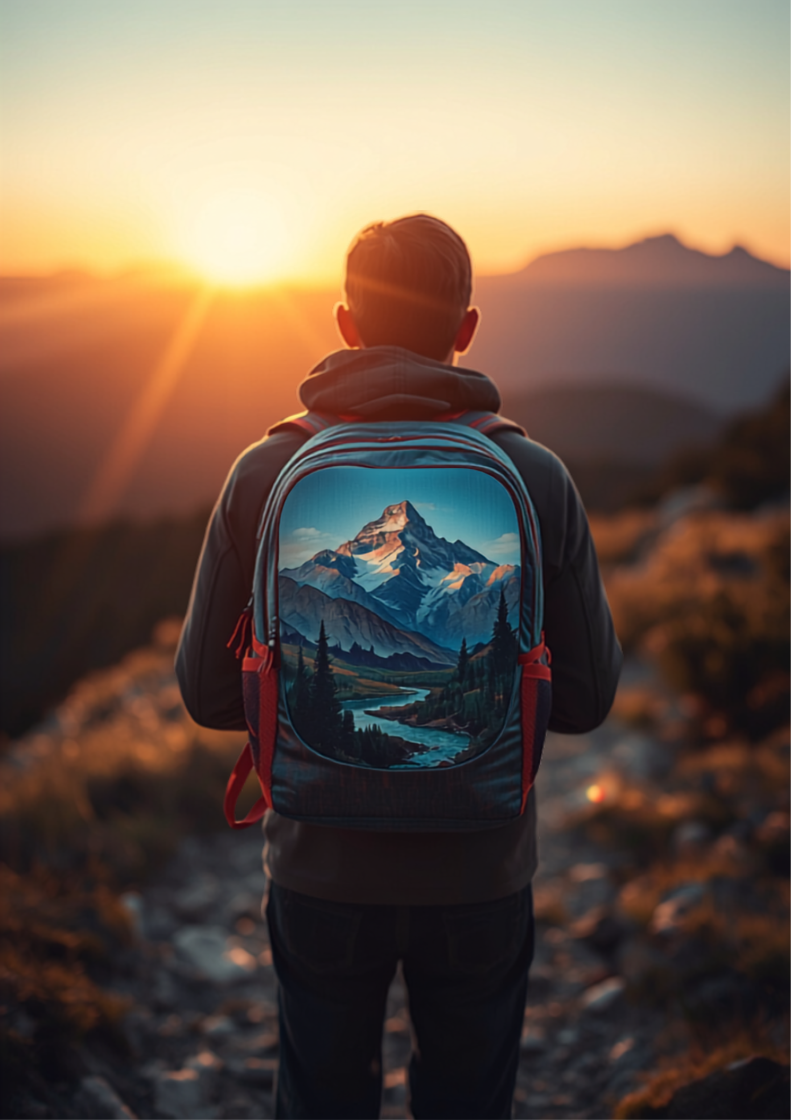 Aug hero scene - mountain print backpack worn hiking