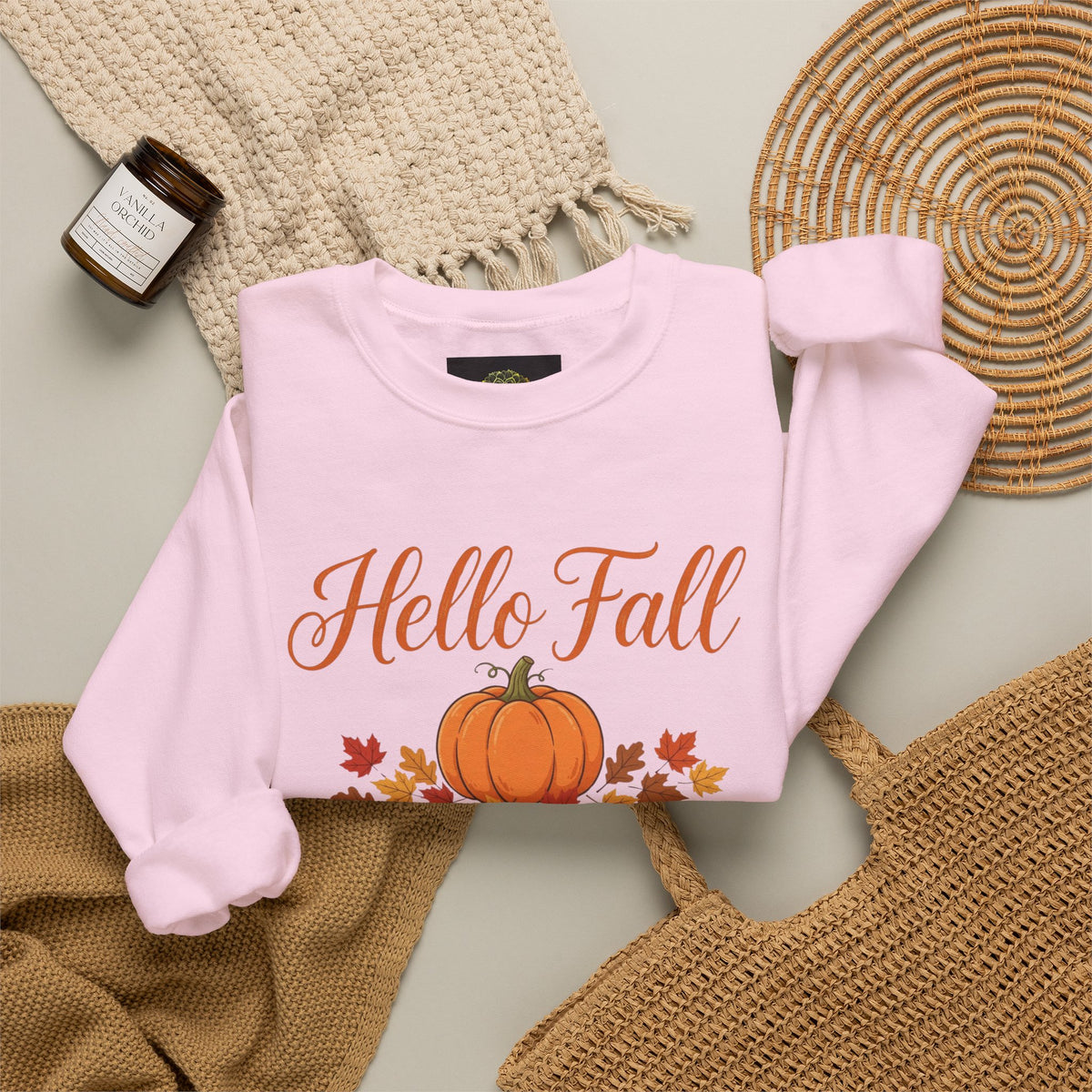 Hello Fall Pumpkin Crewneck Sweatshirt | Cozy Autumn Apparel
