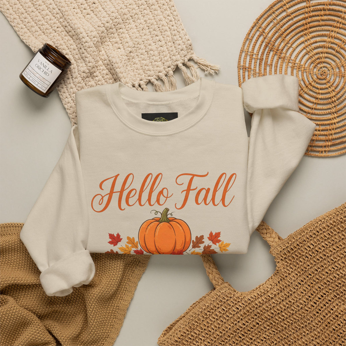 Hello Fall Pumpkin Crewneck Sweatshirt | Cozy Autumn Apparel