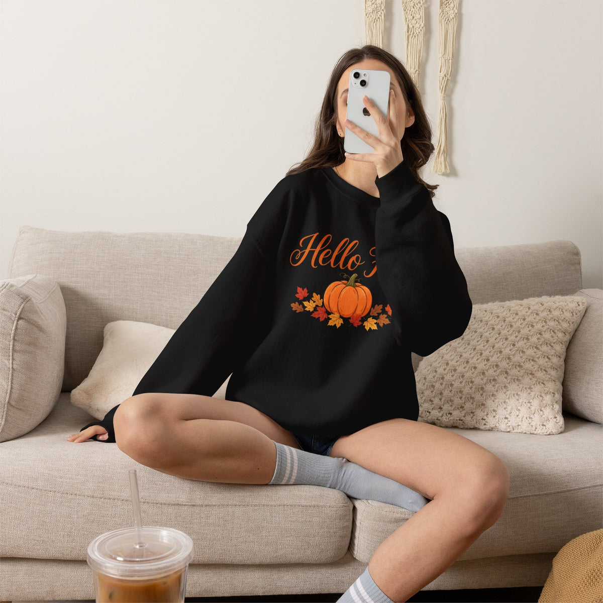 Hello Fall Pumpkin Crewneck Sweatshirt | Cozy Autumn Apparel