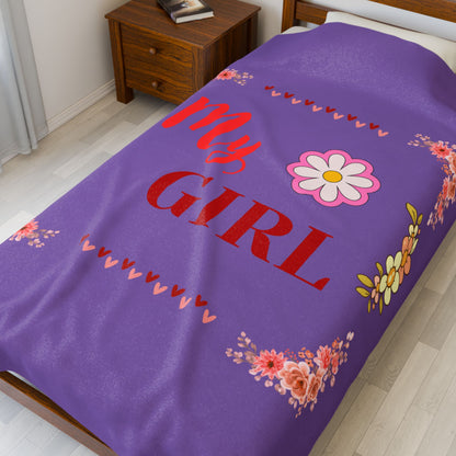 My Girl Velveteen Plush Blanket, Cozy Throw for Kids, Floral Design Blanket, Gift for Daughter, Soft Plush Throw