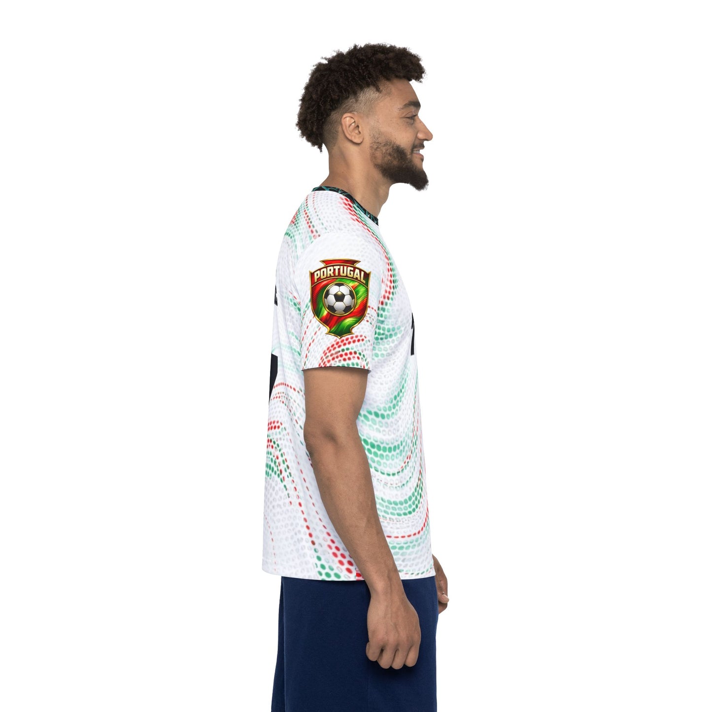 Custom Portugal Soccer Jersey Design – Red & Green Abstract Pattern with Gold Crest and Number 7