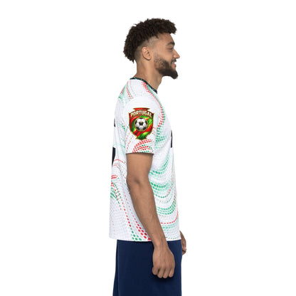 Custom Portugal Soccer Jersey Design – Red & Green Abstract Pattern with Gold Crest and Number 7
