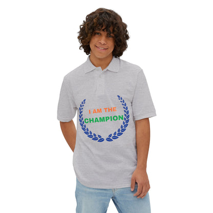 Champion’s statement men’s polo – “I AM THE CHAMPION.” Cotton piqué collared shirt, S–3XL. Perfect for casual wear, Father’s Day gifts, or summer events.