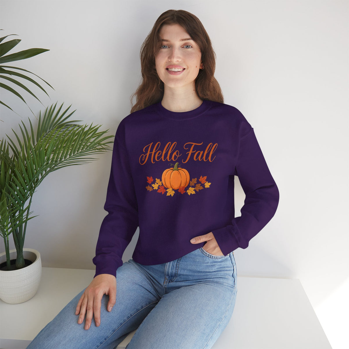 Hello Fall Pumpkin Crewneck Sweatshirt | Cozy Autumn Apparel