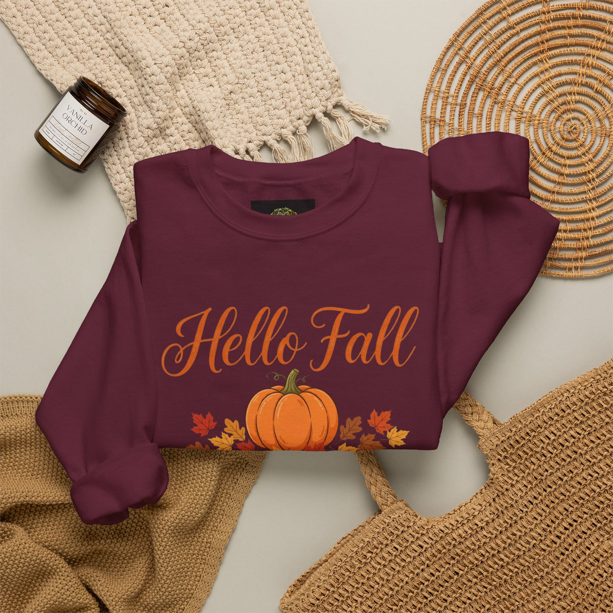 Hello Fall Pumpkin Crewneck Sweatshirt | Cozy Autumn Apparel