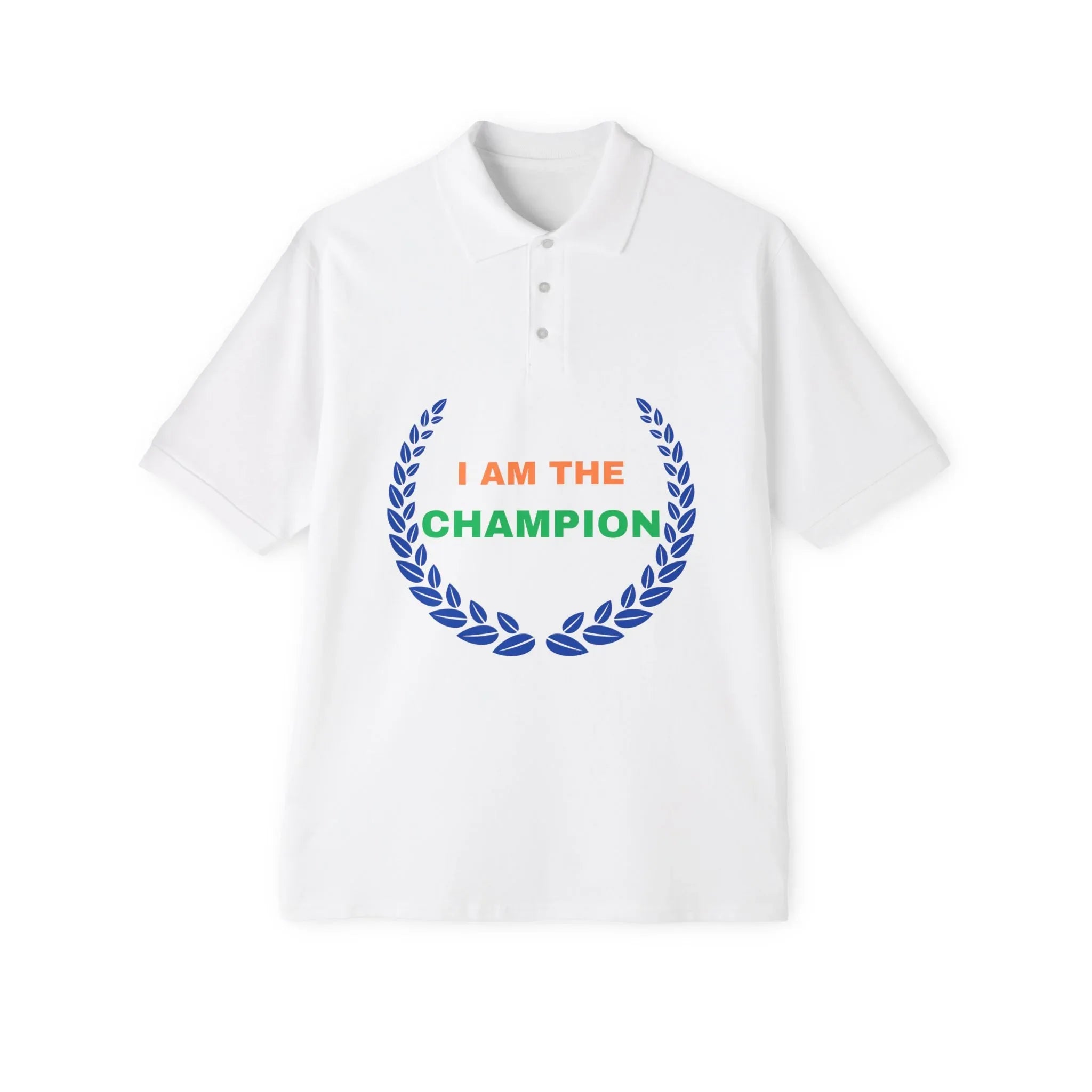 Champion’s statement men’s polo – “I AM THE CHAMPION.” Cotton piqué collared shirt, S–3XL. Perfect for casual wear, Father’s Day gifts, or summer events. - RizQ Life 