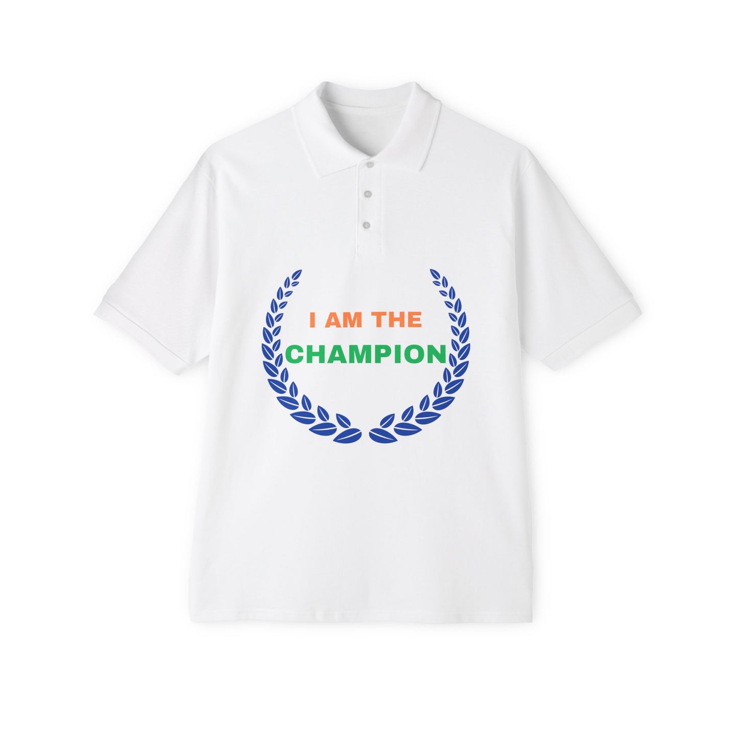 Champion’s statement men’s polo – “I AM THE CHAMPION.” Cotton piqué collared shirt, S–3XL. Perfect for casual wear, Father’s Day gifts, or summer events.