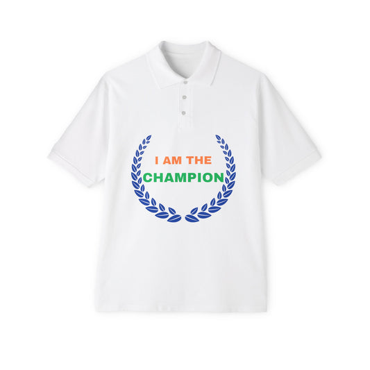 Champion’s statement men’s polo – “I AM THE CHAMPION.” Cotton piqué collared shirt, S–3XL. Perfect for casual wear, Father’s Day gifts, or summer events.