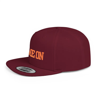 Trendy “Game On” snapback cap for adults. Adjustable flat bill hat, stylish streetwear accessory, perfect for gifts, festivals, sports, and casual outings.