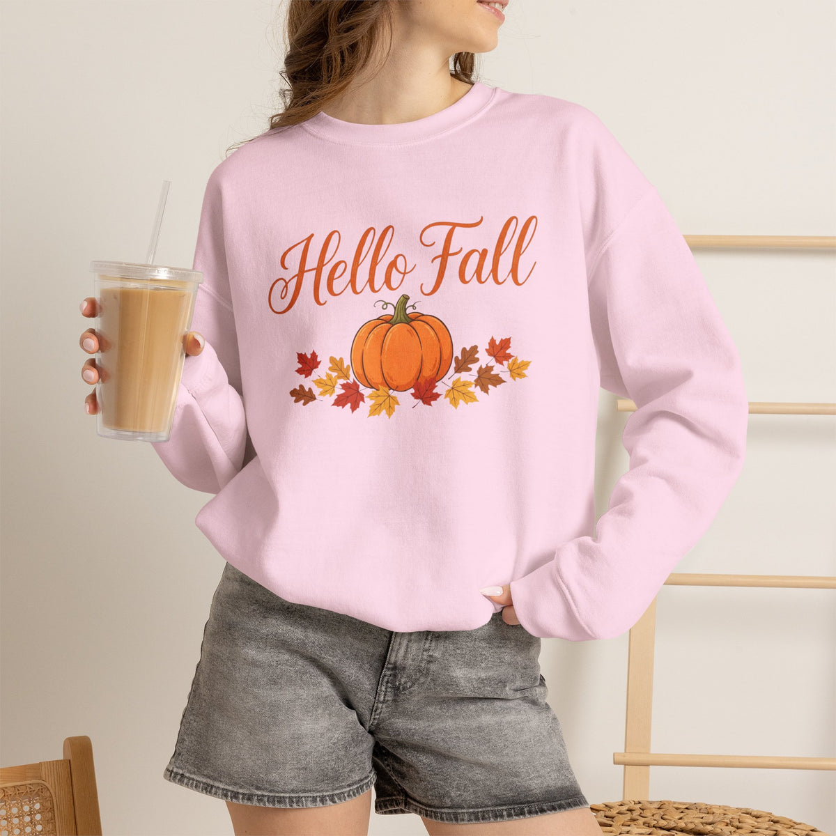 Hello Fall Pumpkin Crewneck Sweatshirt | Cozy Autumn Apparel