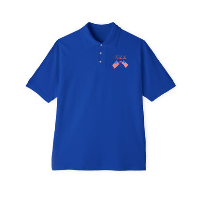 Patriotic men’s polo shirt with USA flag design. Cotton piqué short sleeve collared shirt, S–3XL. Perfect for 4th of July, BBQs, Father’s Day gifts.