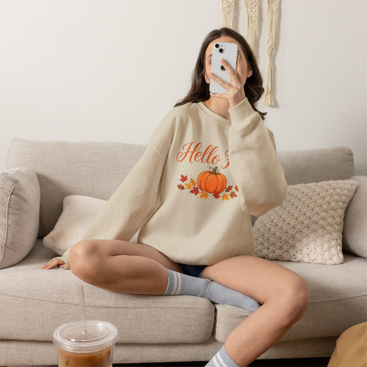 Hello Fall Pumpkin Crewneck Sweatshirt | Cozy Autumn Apparel