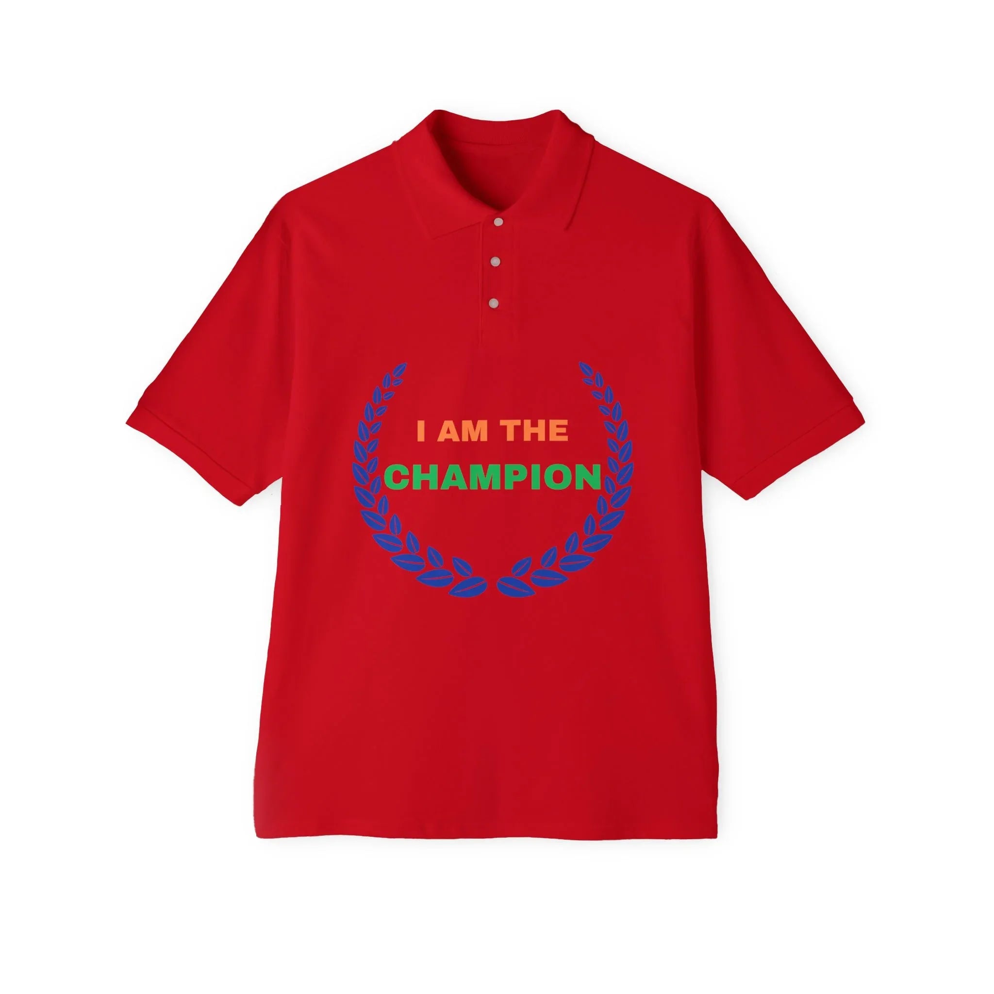 Champion’s statement men’s polo – “I AM THE CHAMPION.” Cotton piqué collared shirt, S–3XL. Perfect for casual wear, Father’s Day gifts, or summer events. - RizQ Life 