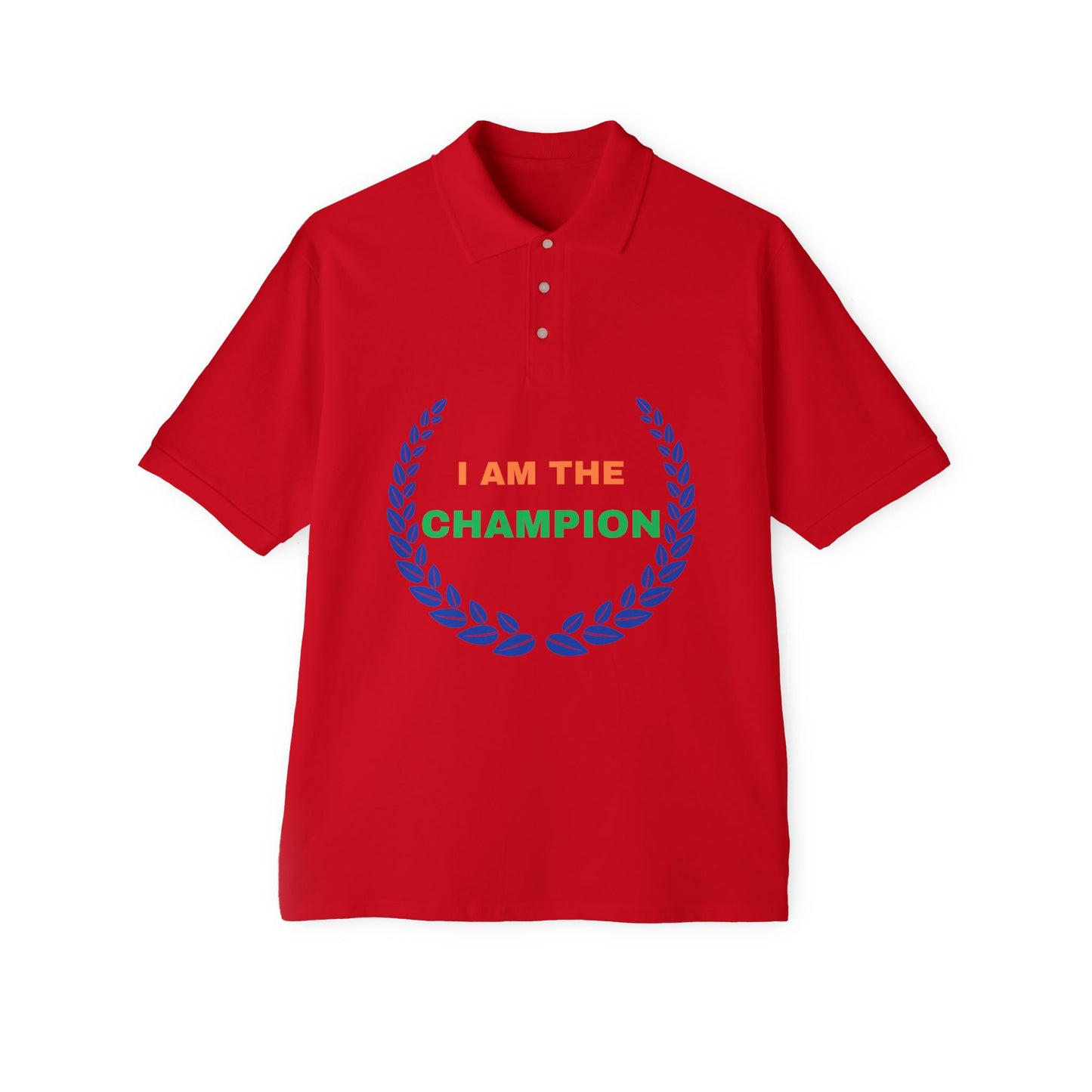 Champion’s statement men’s polo – “I AM THE CHAMPION.” Cotton piqué collared shirt, S–3XL. Perfect for casual wear, Father’s Day gifts, or summer events.