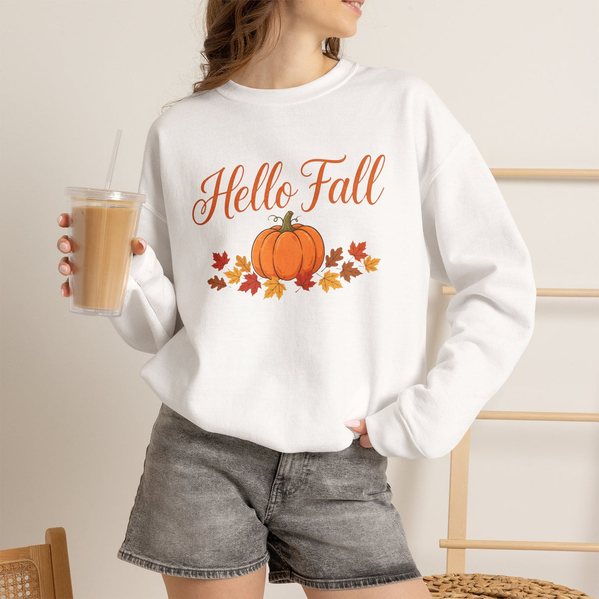 Hello Fall Pumpkin Crewneck Sweatshirt | Cozy Autumn Apparel