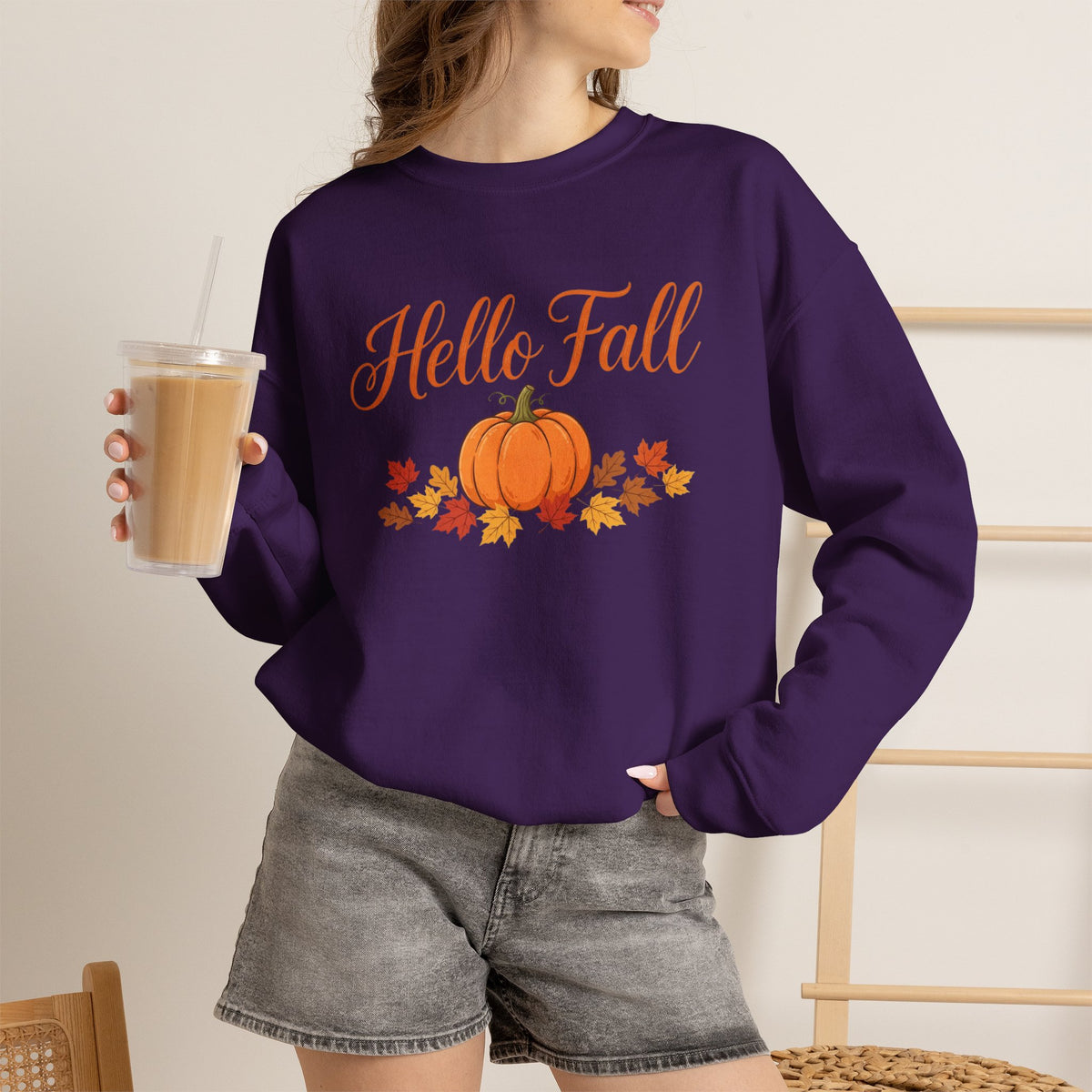 Hello Fall Pumpkin Crewneck Sweatshirt | Cozy Autumn Apparel